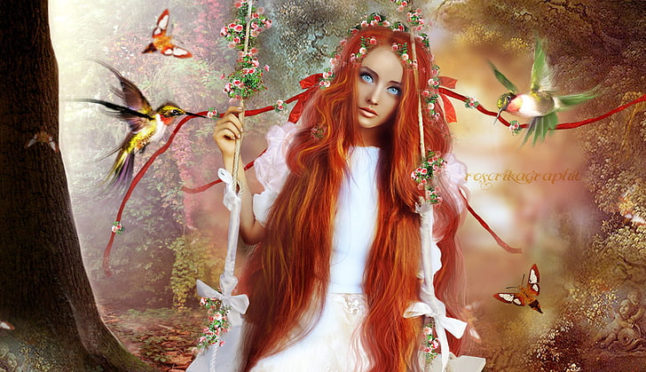 ilustração de mulher ruiva, olhar, menina, árvores, borboleta, flores, pássaros, rosto, balanço, cabelo, arte, vermelho, olhos azuis, longo, HD papel de parede