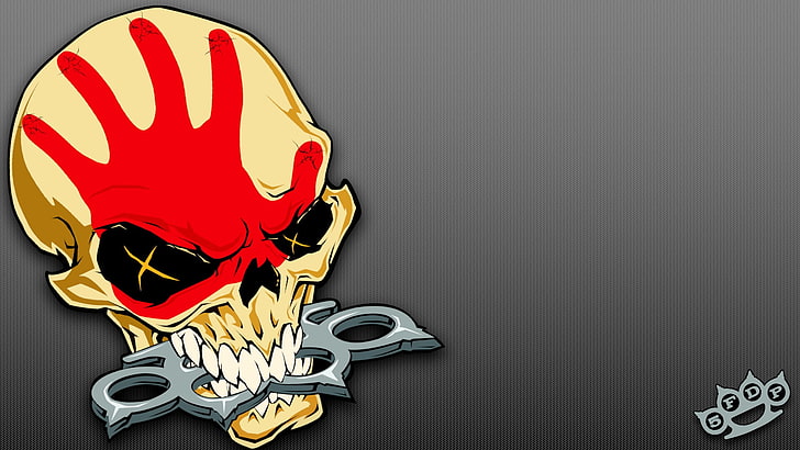 วอลล์เปเปอร์สนับมือสีเทาสีแดงและสีเหลือง 5 Finger Death Punch กะโหลกศีรษะพื้นหลังเรียบง่ายศิลปะดิจิตอลงานศิลปะ, วอลล์เปเปอร์ HD