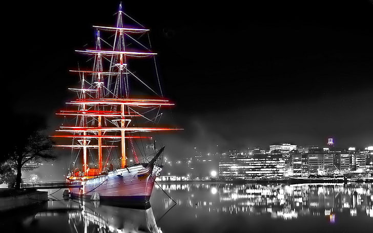 выборочный цвет парусника, корабля, цифровое искусство, выборочная раскраска, HD обои
