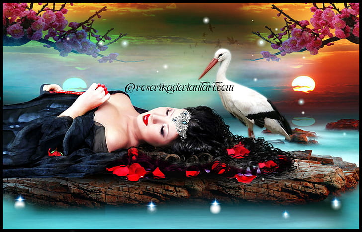 ★a Silent Dream★, roserika, bird, dress, girls, beautiful, together, hair, models, peaceful, animals, digital art, HD wallpaper