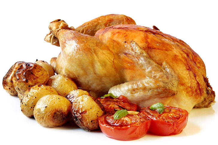 roast chicken with potatoes, chicken, grilled, vegetables, potatoes, HD wallpaper