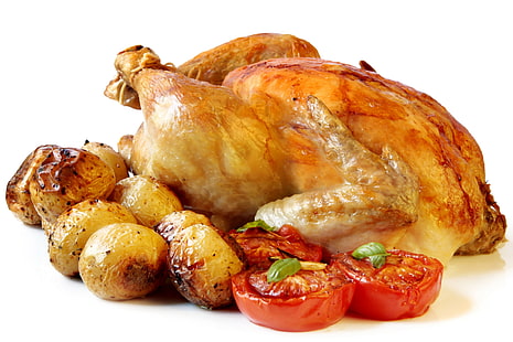 دجاج مشوي مع بطاطس ، دجاج ، مشوي ، خضروات ، بطاطس، خلفية HD HD wallpaper
