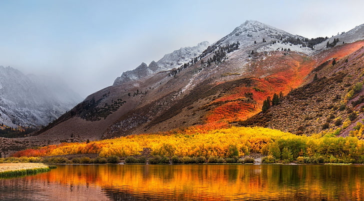 Apple Mac OS X High Sierra, montanha marrom e vermelha, Computadores, Mac, Outono, Montanha, Outono, Reflexão, HD papel de parede