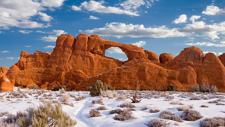 roca, parque nacional de los arcos, utah, formación rocosa, invierno, nieve, Fondo de pantalla HD