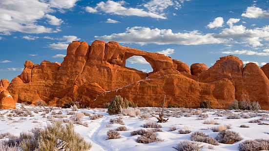 roca, parque nacional de los arcos, utah, formación rocosa, invierno, nieve, Fondo de pantalla HD HD wallpaper
