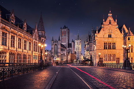 مدينة ، طريق ، شارع ، إنارة شارع ، بناء ، مبنى قديم ، عمارة ، ليل ، بلجيكا ، جنت، خلفية HD HD wallpaper