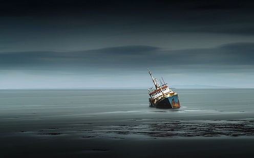 pingente de pérola dourada e branca, naufrágio, navio, veículo, mar, HD papel de parede HD wallpaper