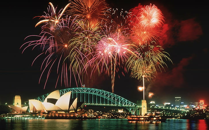 kembang api, jembatan, Australia, Sydney, malam, Sydney Opera House, Wallpaper HD