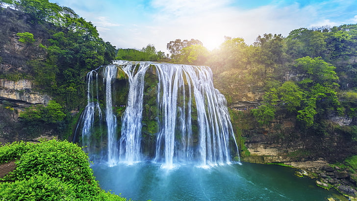vattenfall, Huangguoshu vattenfall, natur, vatten, vattensamling, Asien, Zhenning, Kina, skog, ränna, turistattraktion, himmel, hill station, träd, anshun, HD tapet