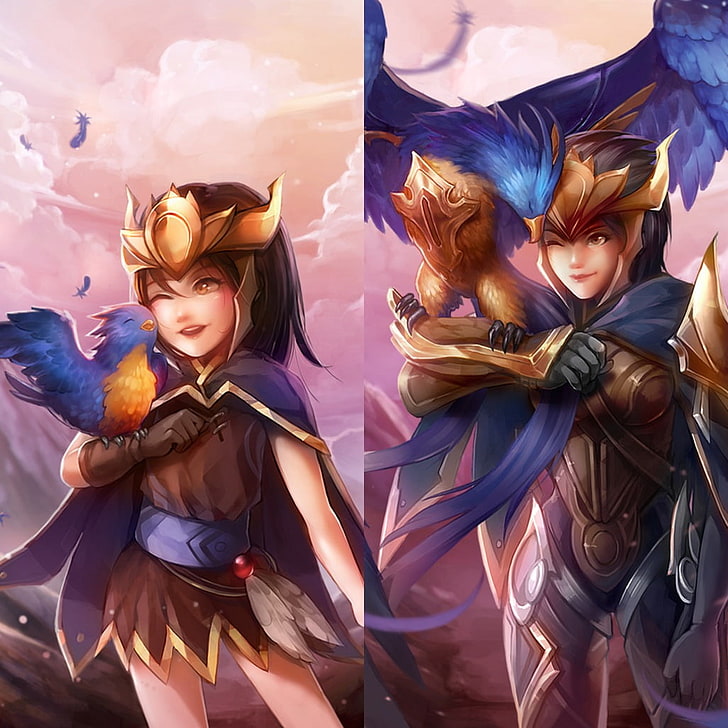 colagem de ilustração de personagem de anime feminino e pássaro, Quinn, League of Legends, HD papel de parede