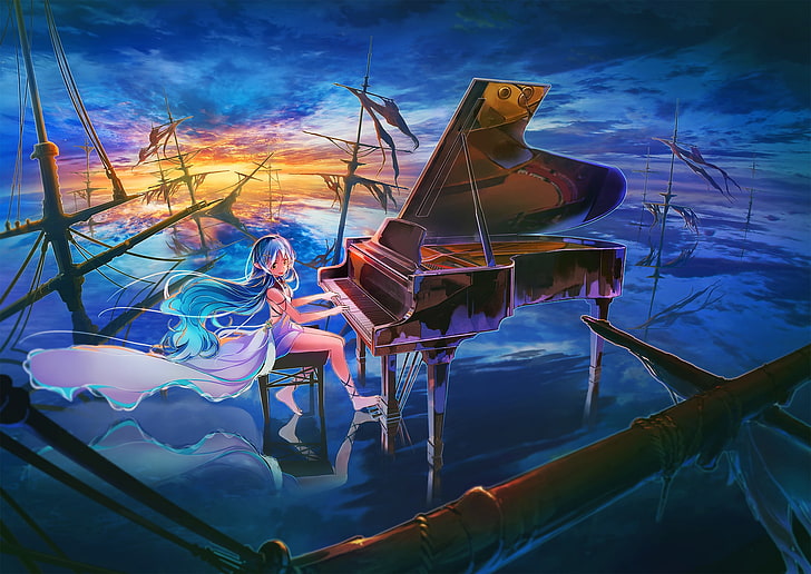 аниме момиче, свири на пиано, отвъд облаците, лека рокля, аниме, HD тапет