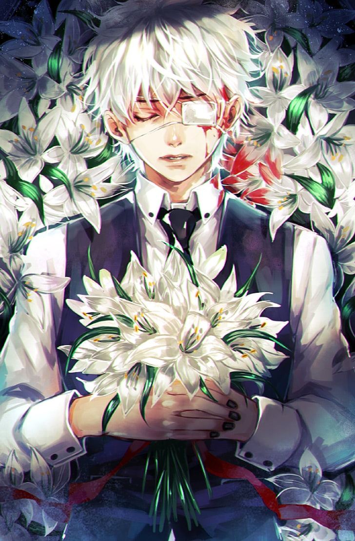 Męska postać z anime trzymająca kwiatek, Tokyo Ghoul, Kaneki Ken, White Silence, anime, sad, flowers, Tapety HD, tapety na telefon