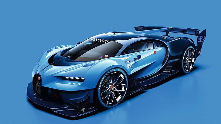 синий и черный Bugatti Chiron, Bugatti Vision Gran Turismo, HD обои