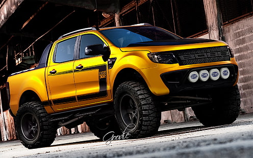 camioncino Ford Raptor SuperCrew giallo, auto, SUV, ford, pickup, boss 302, tuning virtuale, Sfondo HD HD wallpaper