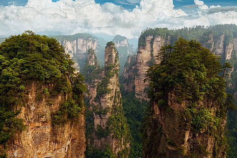 горы, небо, облака, скалы, Китай, Пандора, провинция Хунань, национальный лесной парк Хунань Чжанцзяцзе, национальный лесной парк Чжанцзяцзе, HD обои HD wallpaper