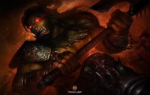 ภาพประกอบ World of Warcraft Ogre, ความโกรธ, อาวุธ, สงคราม, นักรบ, ศิลปะ, ความโกรธ, การต่อสู้, ขวาน, นักรบ, Orc, วอลล์เปเปอร์ HD HD wallpaper