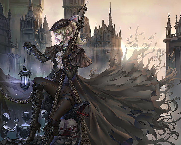 Mujer sosteniendo la ilustración de la espada y la linterna, anime, chicas anime, Bloodborne, gótico, sombrero, cráneo, Lady Maria, Fondo de pantalla HD