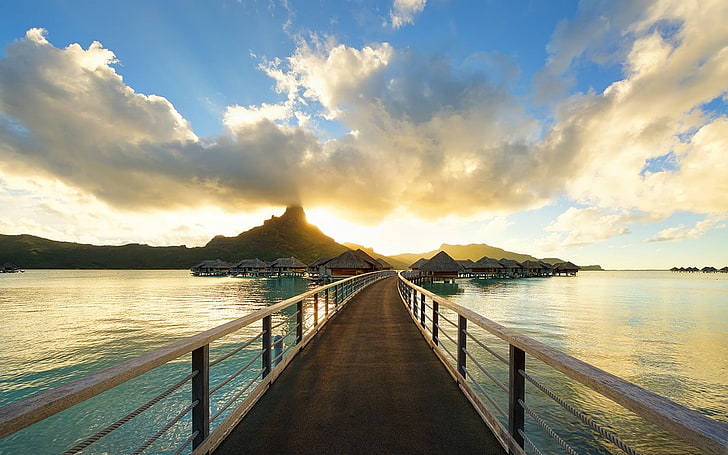 dock and mountain, nature, landscape, beach, walkway, resort, tropical, sunset, island, bungalow, sea, clouds, Bora Bora, French Polynesia, HD wallpaper
