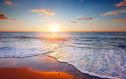 Beautiful sunset scenery, sea, sky, clouds, beach, waves, Beautiful, Sunset, Scenery, Sea, Sky, Clouds, Beach, Waves, HD wallpaper HD wallpaper