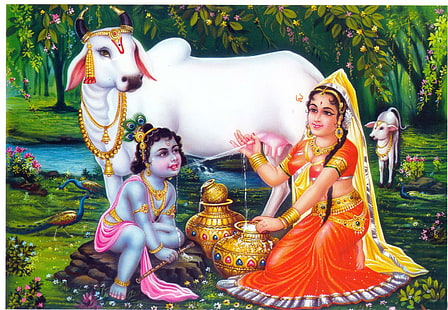Obrazy Yashoda i Krishna, ilustracja hinduskiego boga, Bóg, Pan Kryszna, malarstwo, Tapety HD HD wallpaper