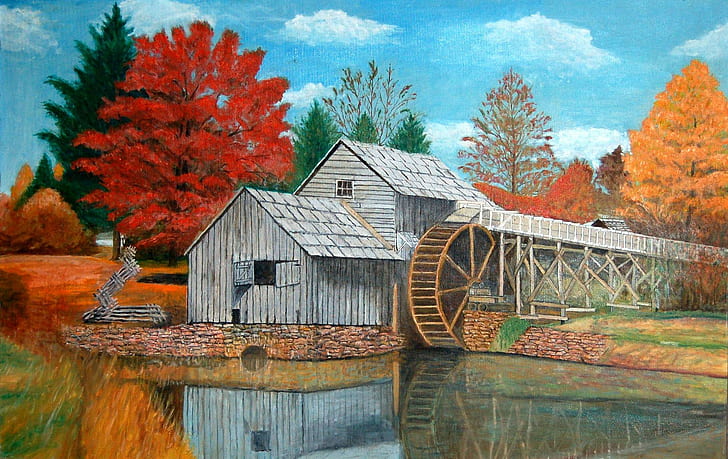Мельничный пруд, серый деревянный сарай дом рядом с водоемом, страна, колесо, мельница, красные, апельсины, пруд, осень, животные, HD обои