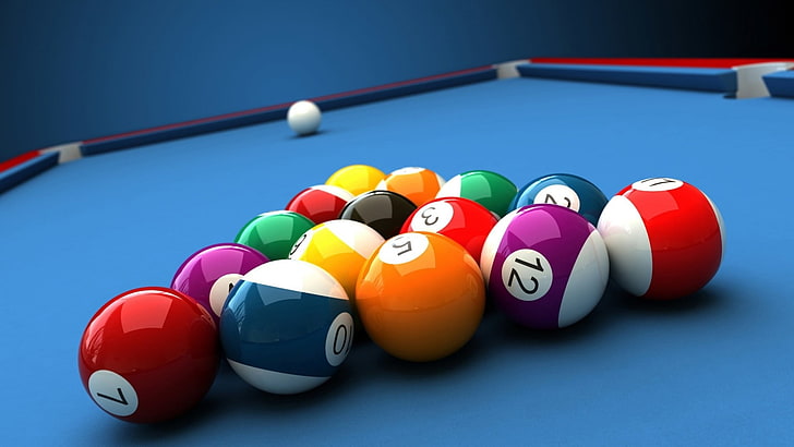 pool table set, billiard balls, pool table, ball, colorful, numbers, closeup, depth of field, render, CGI, balls, HD wallpaper