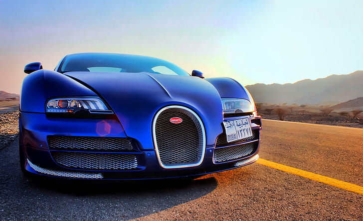 car, blue cars, road, vehicle, Bugatti, United Arab Emirates, Bugatti Veyron, HD wallpaper