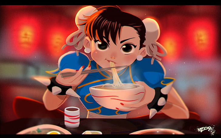 Illustration, Chun-Li, Eating, Noodles, chun-li street fighter charactger, illustration, chun-li, eating, noodles, HD wallpaper