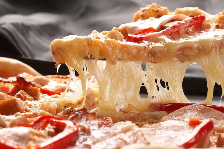 cheese pizza, pizza, cheese, piece, tomatoes, paprika, HD wallpaper