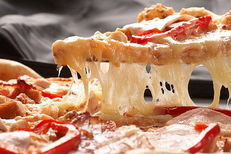 pizza de queijo, pizza, queijo, pedaço, tomate, pimentão, HD papel de parede HD wallpaper