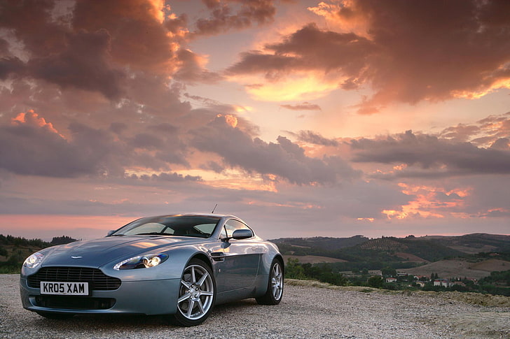 silver Aston Martin Vanquish coupe, aston martin, vantage, side view, sunset, HD wallpaper