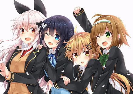anime dziewczyny, przyjaciele, mrugnięcie, uśmiechnięte, szczęśliwe, uszy królika, Anime, Tapety HD HD wallpaper