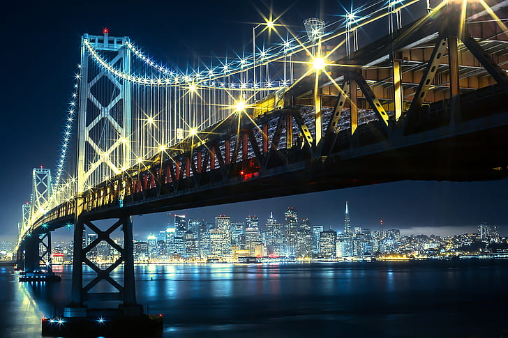 Сан Франциско, САЩ, Манхатън мост, мост, светлини, залив, нощ, Сан Франциско, САЩ, златна порта, HD тапет