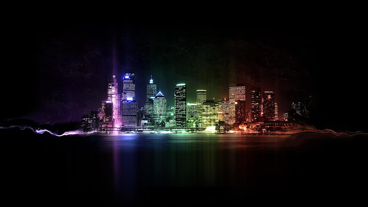 고층 건물, 도시 풍경, 밤, 화려한, 디지털 아트, 네온, HD 배경 화면