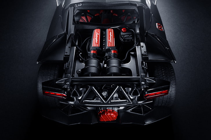 черно и червено Lamborghini Sesto Elemento, двигател, Lamborghini, черно, отзад, Elemento, Sesto, пространство на предния капак, HD тапет