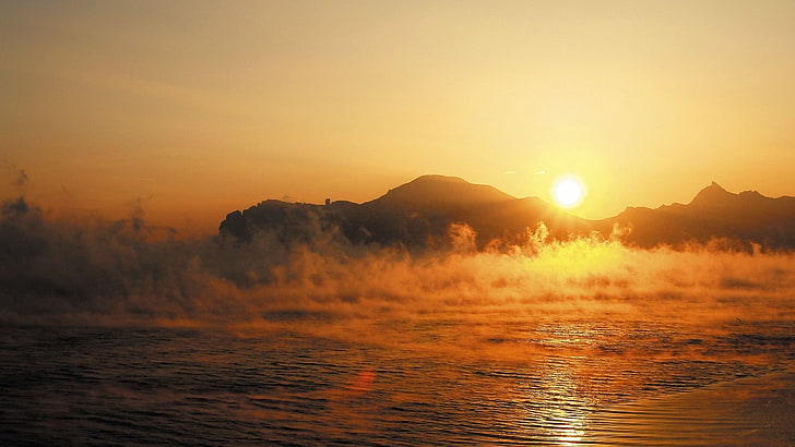 mountain and sun, water, fog, morning, evaporation, rising, dawn, HD wallpaper