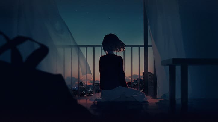 noite, sozinho, anime girls, Pixiv, HD papel de parede