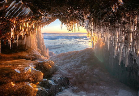 лед, езеро, Русия, пещера, залез, студ, природа, вода, пейзаж, студ, HD тапет HD wallpaper