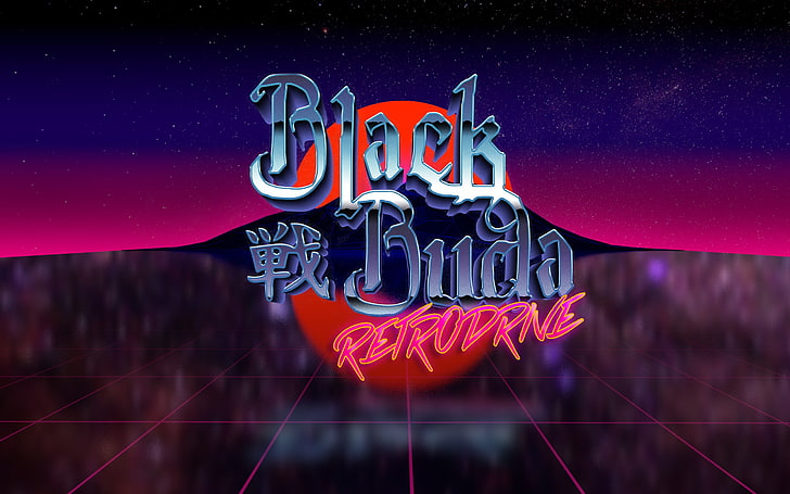 Logo Buda noir, années 80, style rétro, nouvelle vague rétro, texte néon, néon, Fond d'écran HD