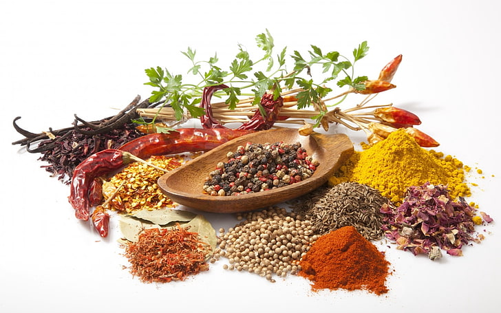 assorted powders, spices, saucer, red pepper, coriander, curry, pepper, HD wallpaper