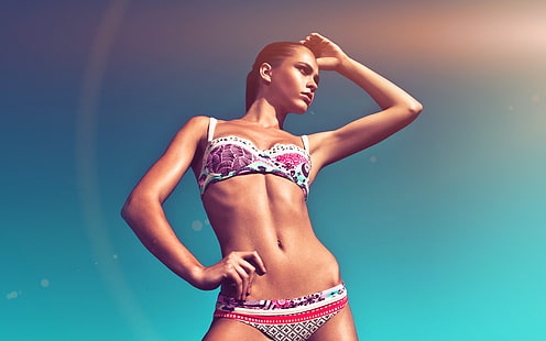 bikini-bleu-mer-fille-été-mignon-sexy-flare, Fond d'écran HD HD wallpaper