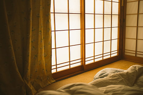 porta in vetro marrone con cornice in legno, letto, camera, interno, interno giapponese, Sfondo HD HD wallpaper