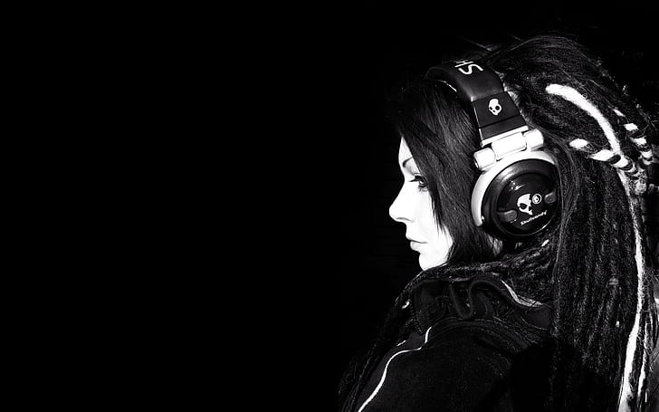 skullcandy monochrome headphones black black background women dreadlocks, HD wallpaper