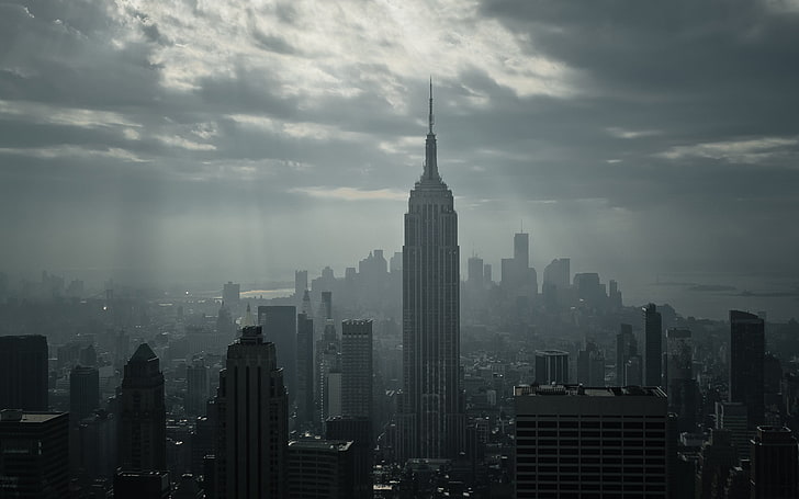 Empire State Building, New York, Empire State Building, New York City, lanskap kota, awan, Wallpaper HD