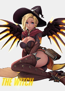 woman with black wings digital wallpaper, anime, anime girls, Overwatch, Mercy (Overwatch), stockings, open shirt, wings, witch, witch hat, blue eyes, short hair, blonde, Witch Mercy, HD wallpaper HD wallpaper