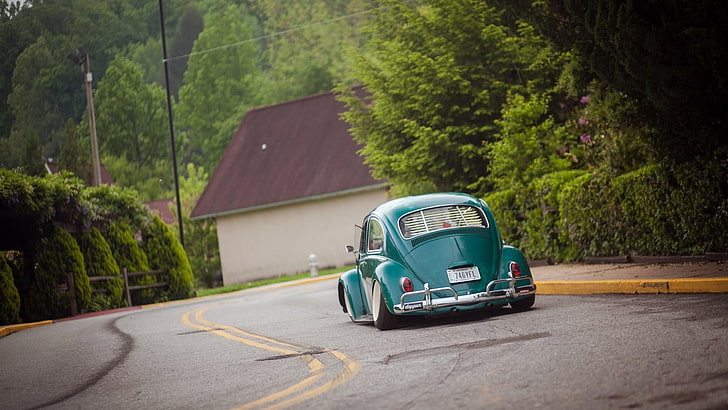 зелен Volkswagen Beetle на сив асфалтов път през деня, кола, път, Volkswagen, Volkswagen Beetle, HD тапет
