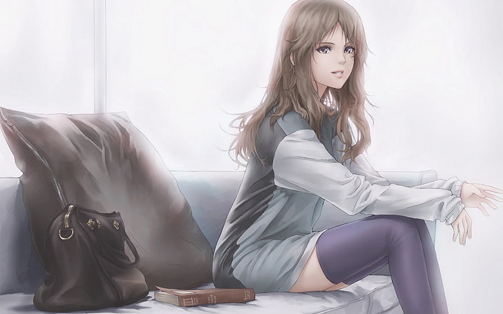 anime mulher sentada no sofá, manga, HD papel de parede