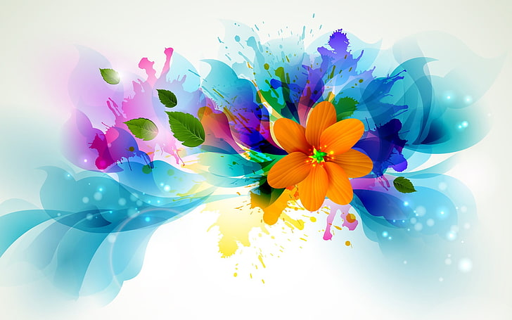 ilustrasi bunga petaled biru dan oranye, bunga, karya seni, daun, percikan cat, Wallpaper HD