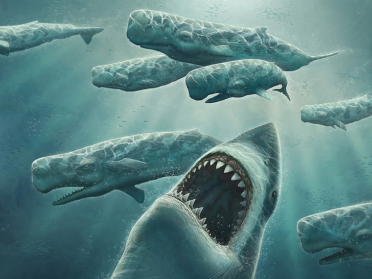 tubarão branco, tubarão, baleia, animais, HD papel de parede