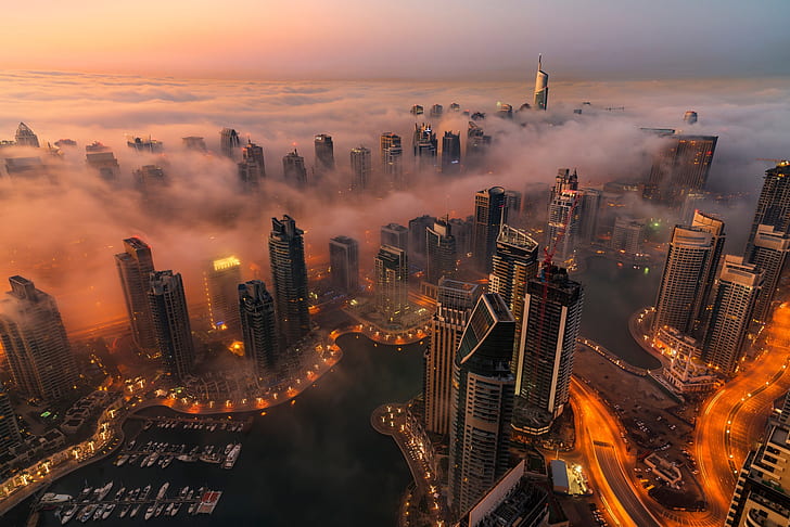 دبي ، العالم ، الأضواء ، الليل ، الأماكن الجميلة ، الغيوم ، السماء ، عالية الدقة ، سكايكرابر ، الضباب ، المساء ، المدينة، خلفية HD
